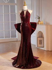 Burgundy mermaid Sequins Satin Bow Prom Dress