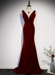 Burgundy Mermaid Velvet See Through V-neck Prom Dress