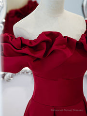 Burgundy Off Shoulder Satin Long Prom Dress, Burgundy Formal Evening Dress