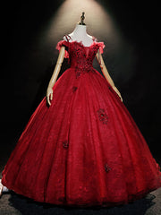 Burgundy Off Shoulder Tulle Lace Long Prom Dress, Burgundy Lace Sweet 16 Dress