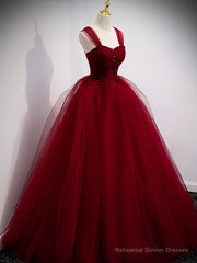 Burgundy Off Shoulder Tulle Long Prom Dress, Burgundy Formal Dress