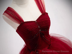 Burgundy Off Shoulder Tulle Long Prom Dress, Burgundy Formal Dress