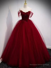 Burgundy Off Shoulder Tulle Long Prom Dress, Burgundy Formal Dress