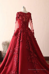 Burgundy round neck lace long prom dress burgundy evening dress