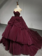 Burgundy Round Neck Tulle Burgundy Long Prom Gown, Burgundy Long Evening Dress