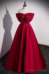 Burgundy Satin Floor Length Prom Dress, A-Line Off the Shoulder Evening Party Dress