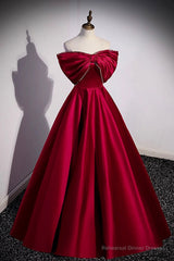 Burgundy Satin Floor Length Prom Dress, A-Line Off the Shoulder Evening Party Dress