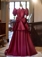 Burgundy Satin High Neck Puff Sleeve Bow Prom Dress