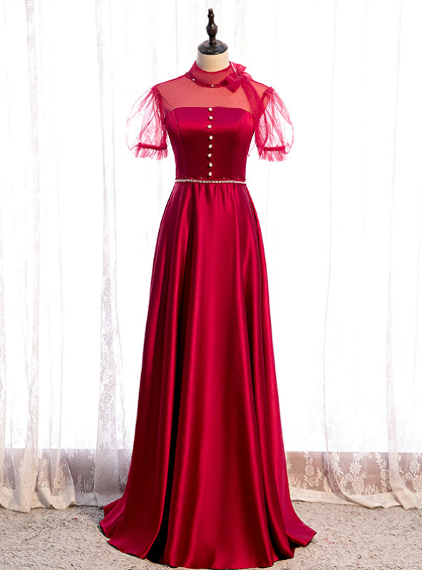 Burgundy Satin High Neck Short Sleeve Backless Beading Prom Dress