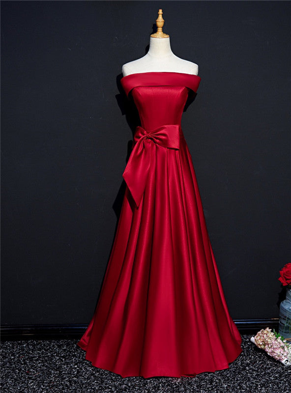 Burgundy Satin Off the Shoulder Bow Prom Dress