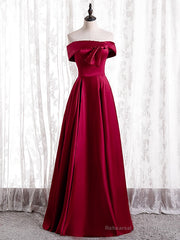 Burgundy Satin Off the Shoulder Pearls Prom Dress