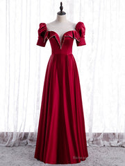 Burgundy Satin Short Sleeve Pearls Prom Dress