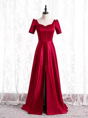 Burgundy Satin Short Sleeve Prom Dress With Split