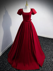 Burgundy Satin Square Beading Short Sleeve prom Dress