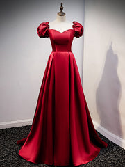 Burgundy Satin Square Puff Sleeve Beding Prom Dress