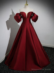 Burgundy Satin Strapless Puff Sleeve Prom Dresses