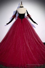 Burgundy Strapless Tulle Long Prom Dress, A-Line Evening Party Dress