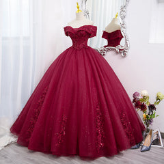 Burgundy Sweetheart Flowers Sequins Lace Party Dress, Long Formal Dress Prom Dress