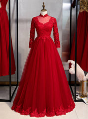 Burgundy Tulle Appliques High Neck Long Sleeve Prom Dress