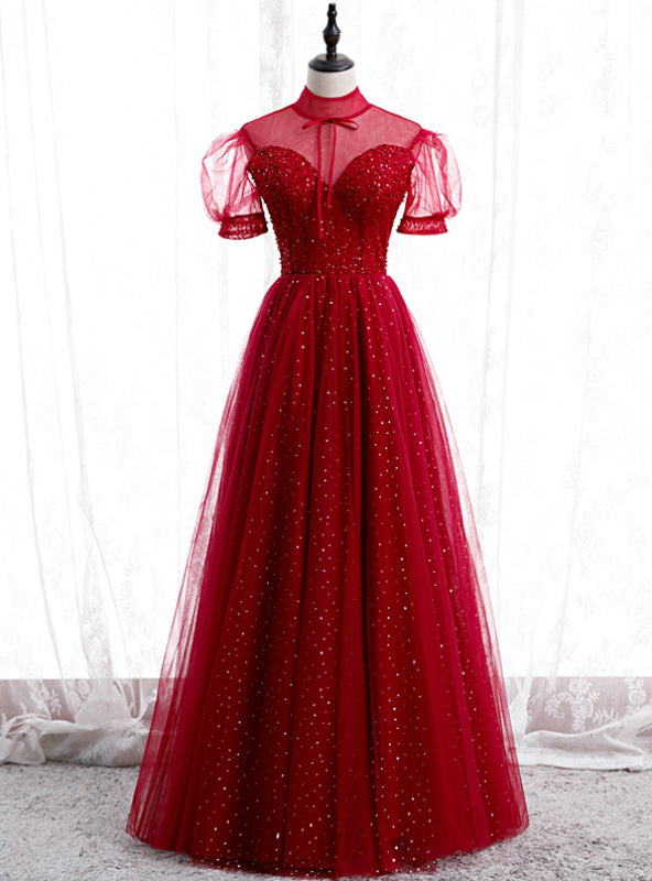 Burgundy Tulle High Neck Short Sleeve Beading Sequins Prom Dress