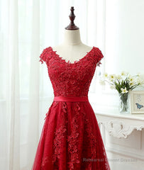 Burgundy tulle lace applique long prom dress, burgundy evening dress