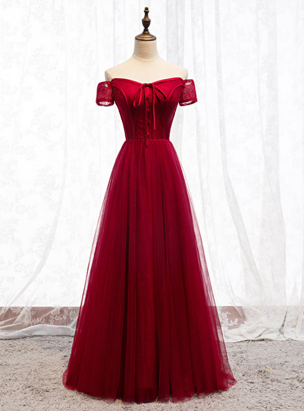 Burgundy Tulle Lace Off the Shoulder Prom Dress With Button