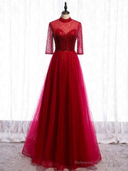 Burgundy Tulle Sequins Backless Short Sleeve Prom Dress