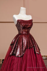 Burgundy Tulle Sequins Long Prom Dress, A-Line Strapless Evening Party Dress