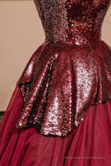 Burgundy Tulle Sequins Long Prom Dress, A-Line Strapless Evening Party Dress