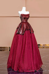 Burgundy Tulle Sequins Long Prom Dress, A-Line Strapless Evening Party Dress