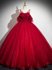 Burgundy Tulle Sequins Straps Flower Quinceanera Dress