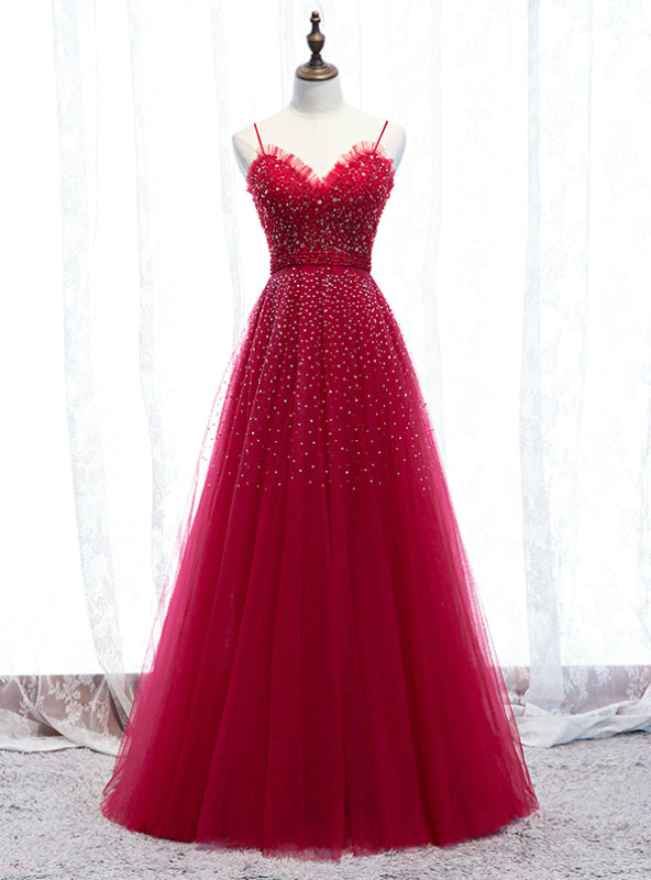 Burgundy Tulle Spagehtti Straps Beading Prom Dress