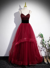 Burgundy Tulle Spaghetti Straps Backless Prom Dress