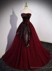 Burgundy Tulle Strapless Pleats Bow Prom Dress