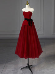 Burgundy Tulle Strapless Tea Length Prom Dress