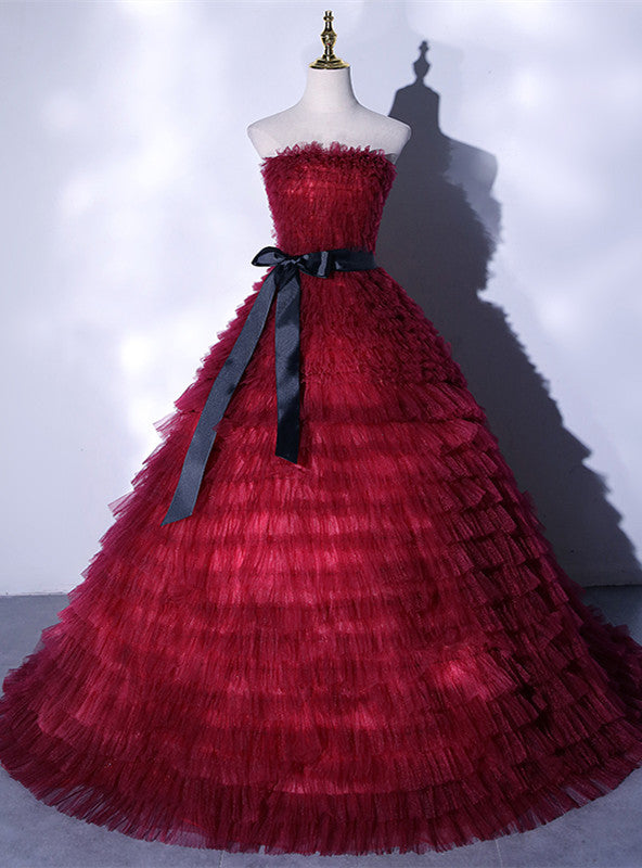 Burgundy Tulle Tiers Strapless Quinceanera Dress