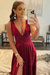 Burgundy V Neck Lace Long Prom Evening Dress with High Slit