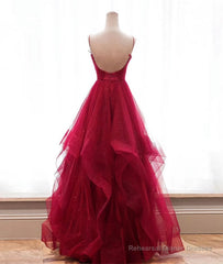 Burgundy v neck tulle long prom dress, burgundy evening dress