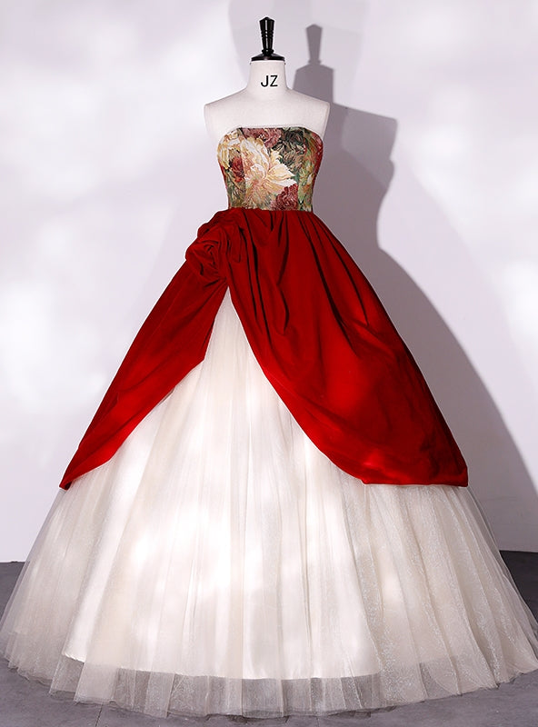 Burgundy Velvet Champagne Tulle Print Quinceanera Dress