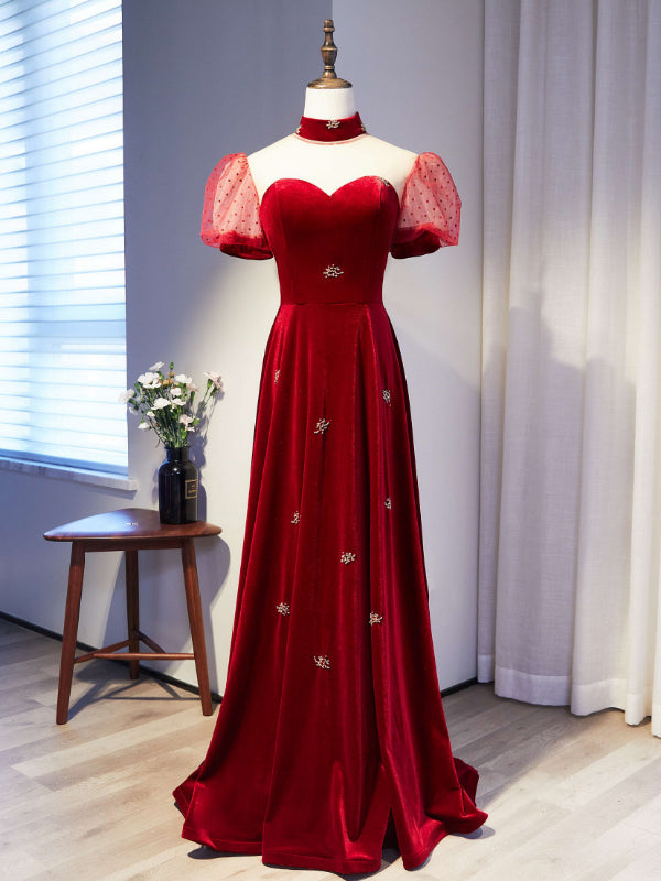 Burgundy Velvet High Neck Puff Sleeve Prom Dress