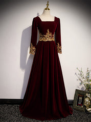 Burgundy Velvet Long Sleeve Appliques Square Prom Dress