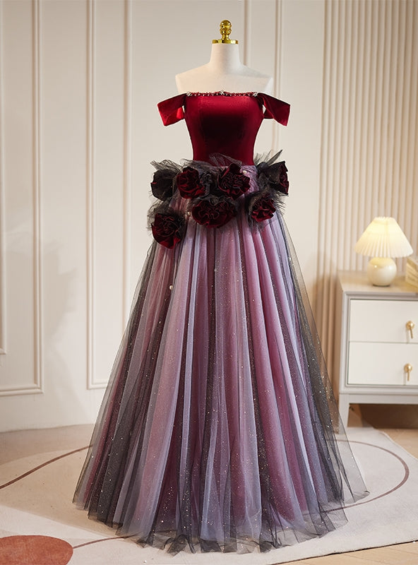 Burgundy Velvet Off the Shoulder Flower Prom Dress