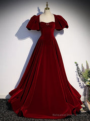 Burgundy Velvet Puff Sleeve Backless Beading Prom Dress