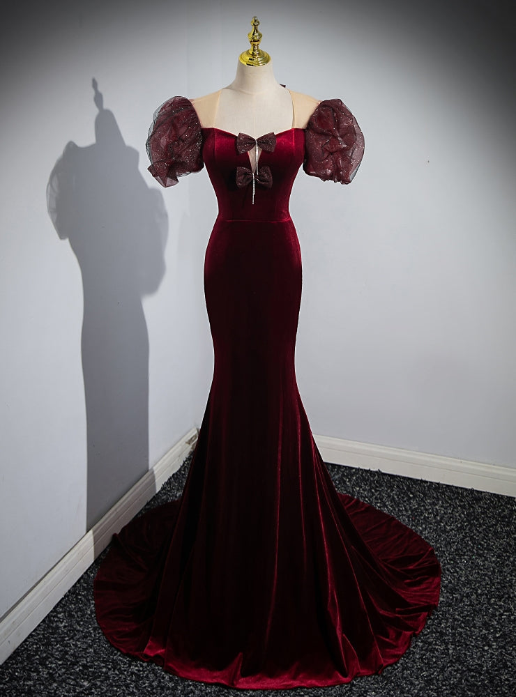 Burgundy Velvet Puff Sleeve Bow Prom Dress