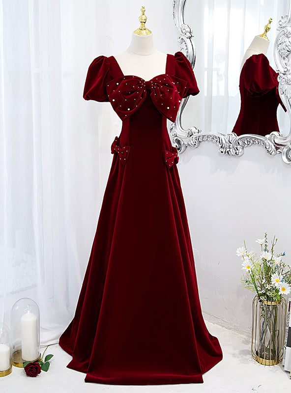 Burgundy Velvet Puff Sleeve Prom Dress With Bow