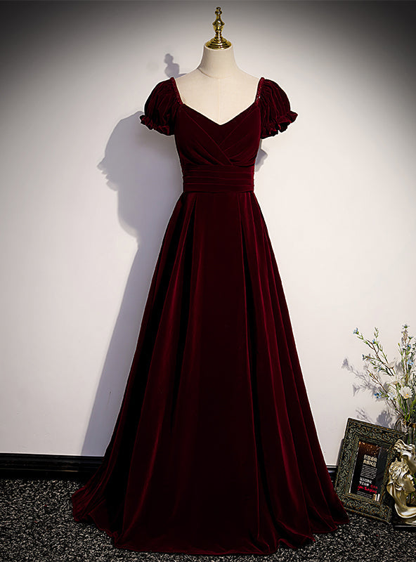 Burgundy Velvet Square Puff Sleeve Pleats Prom Dress