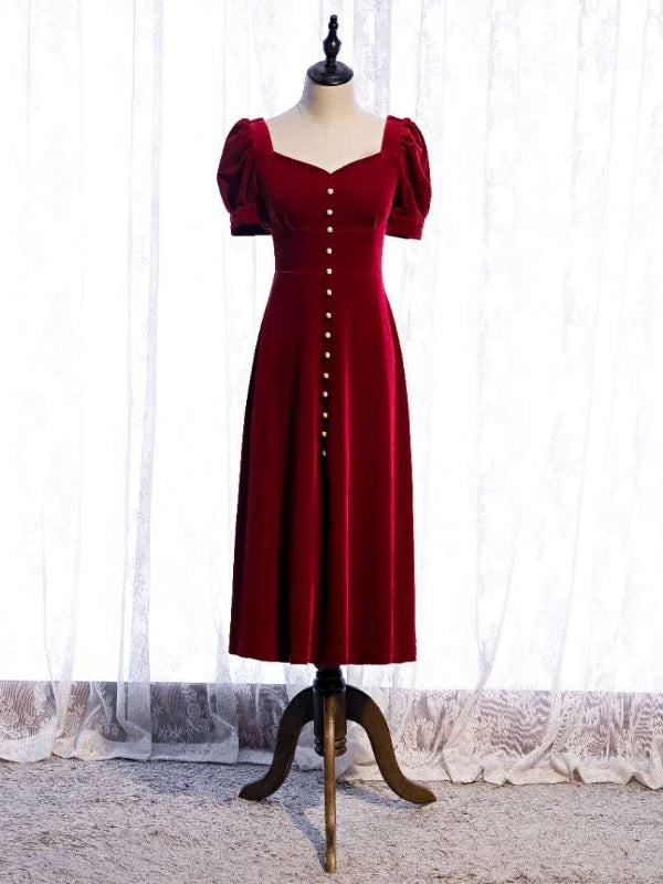 Burgundy Velvet Square Short Sleeve Prom Dress