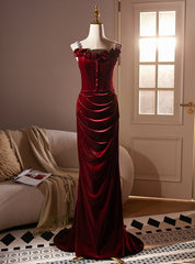 Burgundy Velvet Straps Flower Button Prom Dress