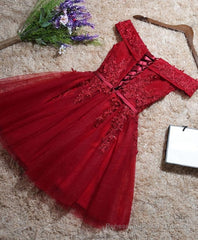 Burgundy Lace Off Shoulder Short Prom Dress, Lace Evening Dress