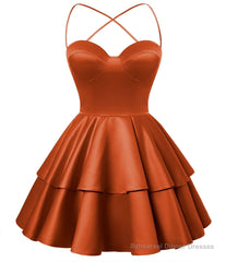 Burnt Orange Satin Homecoming Dress Sweetheart Neck Tiered Short Graduation Dresses